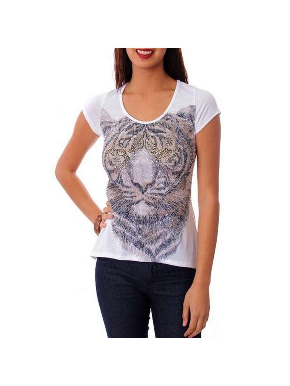 LA TEEZ DOWNTOWN Womens White Tiger Face Rhinestone Lace Back T Shirt M